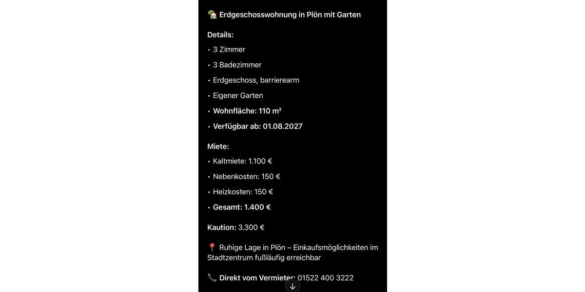 Erdgeschoßwohnung Plön - 4 Zimmer, 110 m&sup2;, 1.100&euro; | Angebot:25940784